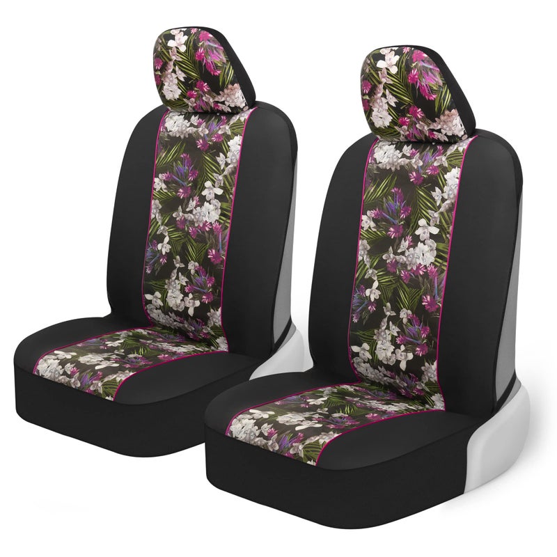 BDK Pink Flower Faux Leather Car Seat Covers for Front Seats, 2 Pack â€“ Floral Pattern with Matching Headrest, Easy Installation, Fits Most Car Truck Van and SUV, Catalina Floral - Image 1